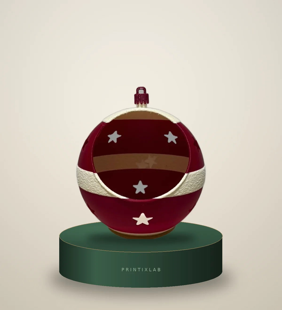 Pallina portacandela con stelle stampata in 3D, su podio PrintixLab